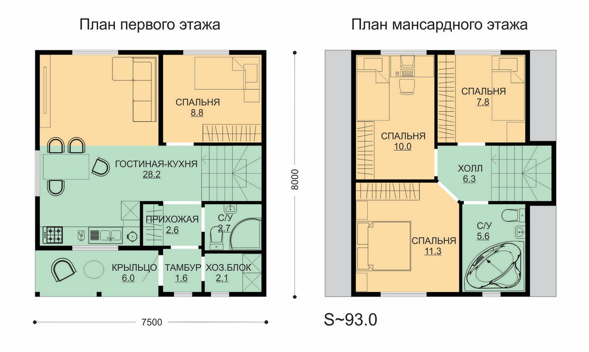 Проект ССК-93МВ — дом 7,5х8 93.0 кв.м. — до 100 кв.м. от ССК-ДОМ